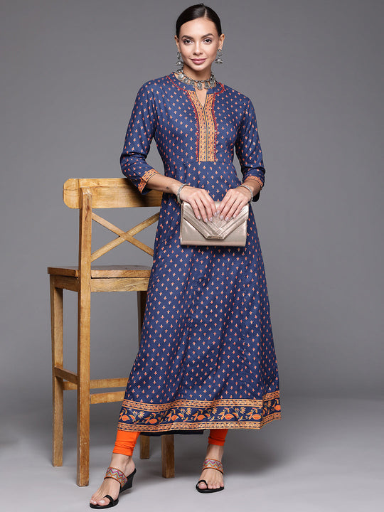 Indo Era Blue Foil Printed A-line Kurta