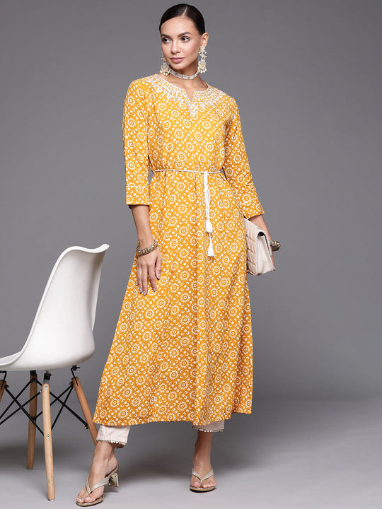 Indo Era Mustard Embroidered A-line Kurta