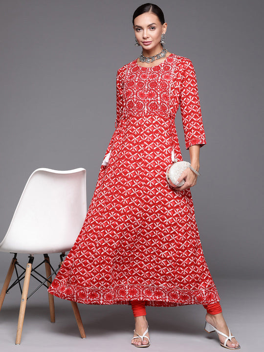 Indo Era Red Printed A-line Kurta