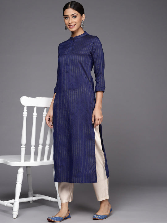 Indo Era Blue Striped Straight Kurta