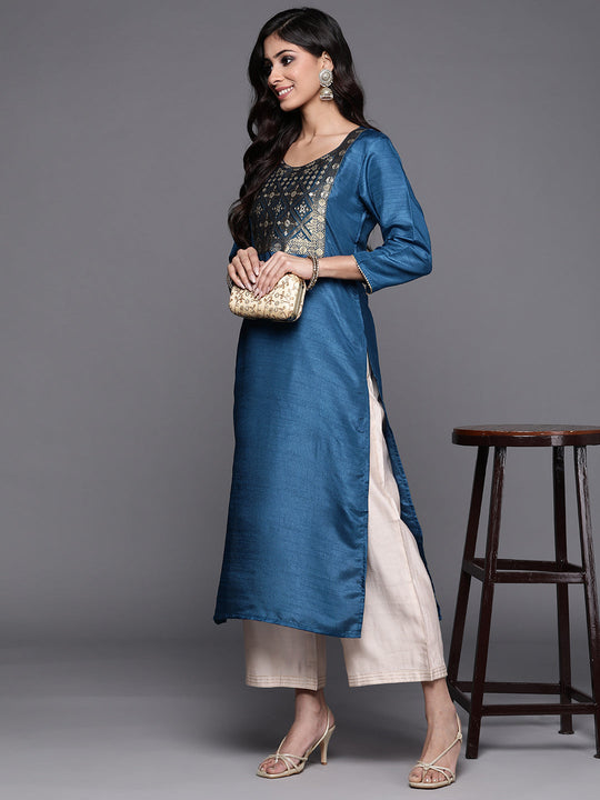 Indo Era Blue Solid Straight Kurta