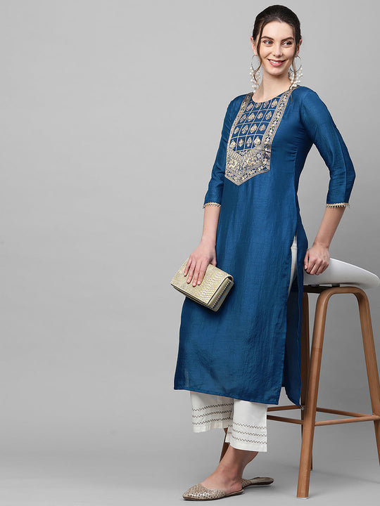 Indo Era Blue Solid Straight Kurta