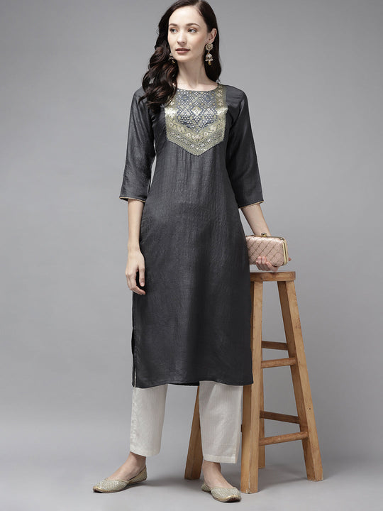 Indo Era Grey Solid Straight Kurta