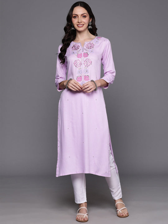 Indo Era Lavender Embroidered Straight Kurtas
