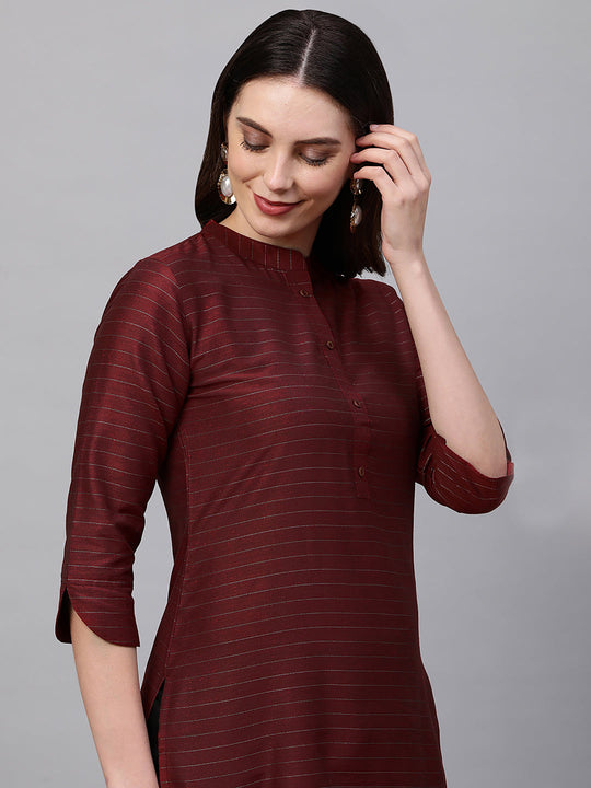 Indo Era Maroon Striped Straight Kurta