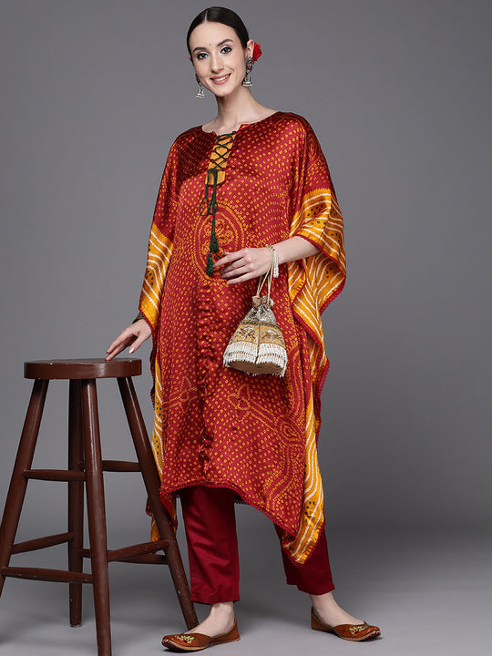 Indo Era Maroon A-Line Bandhani Print Kaftan