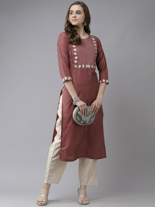 Indo Era Mauve Embroidered Straight Kurtas