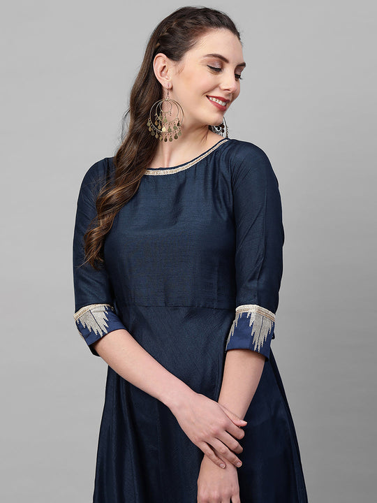 Indo Era Navy Blue Solid A-line Kurtas