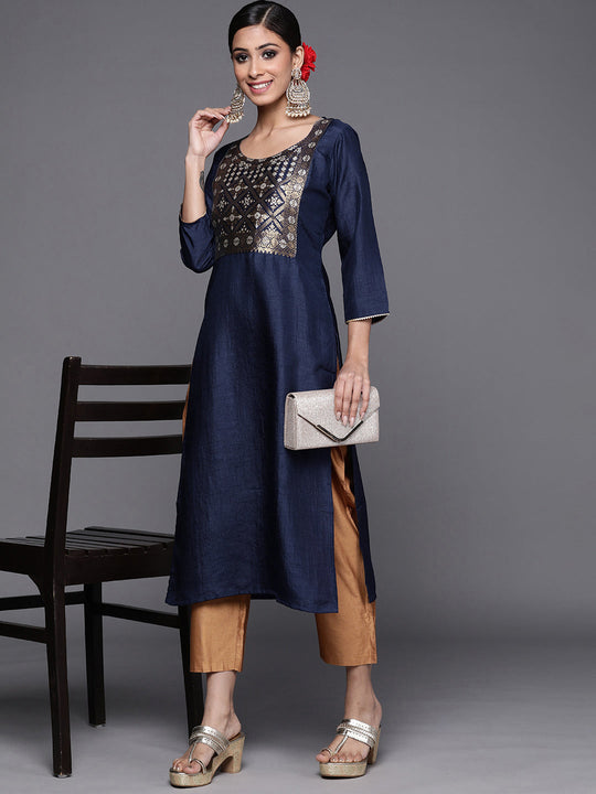 Indo Era Navy Blue Straight Kurta
