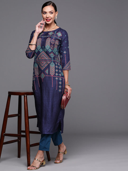 Indo Era Navy Blue Foil Printed Straight Kurtas