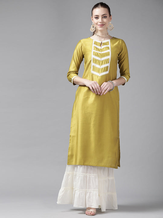 Indo Era Olive Embroidered Straight Kurtas