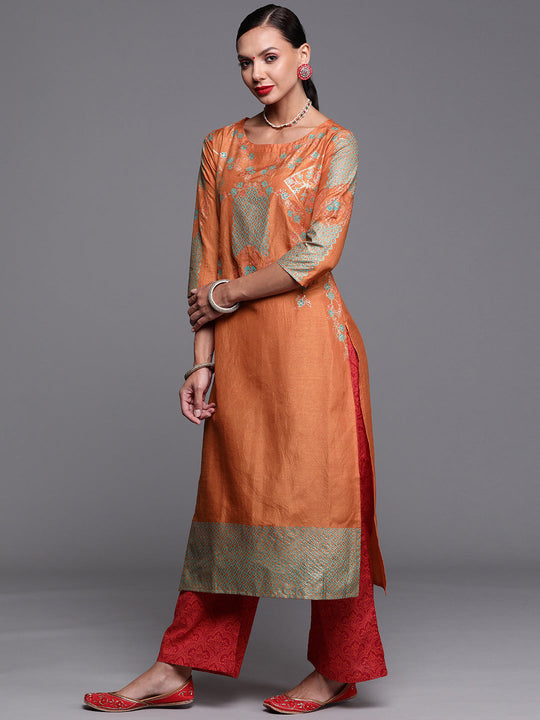 Indo Era Orange Foil Printed Straight Kurtas
