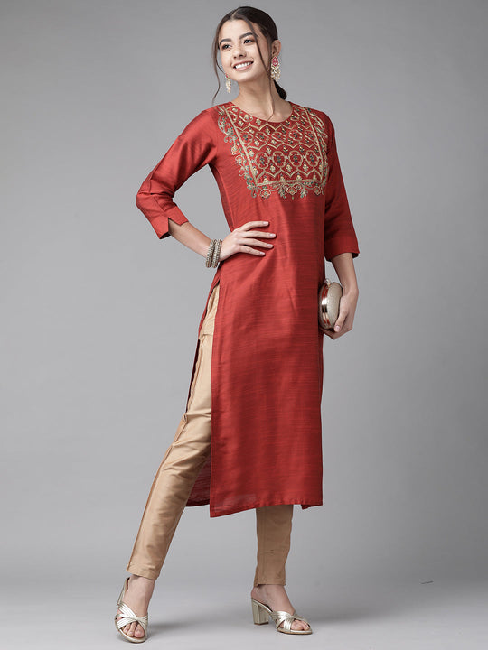 Indo Era Orange Embroidered Straight Kurta