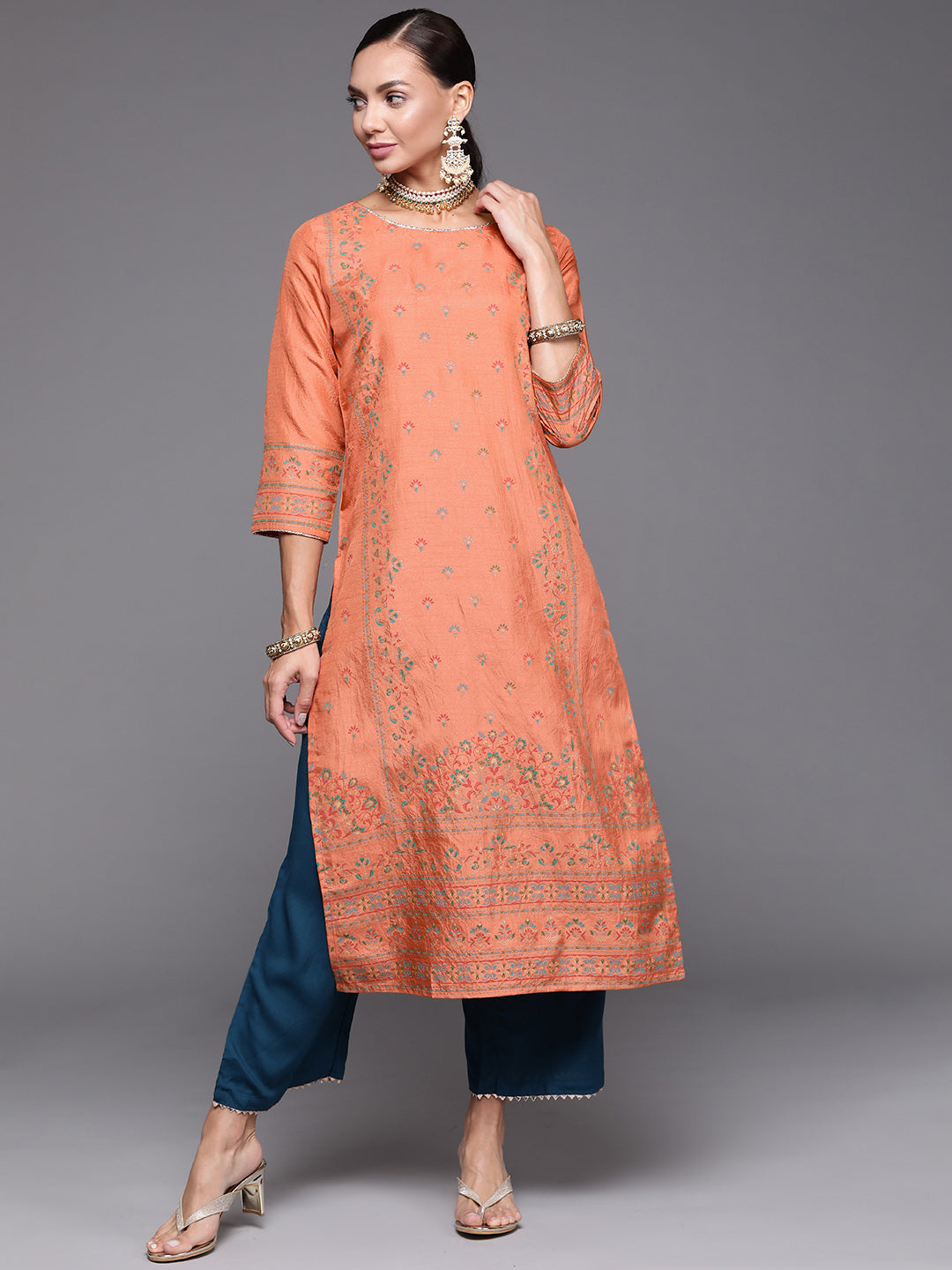 Peach Kurtas  For women,indo era, indoera, kurta set for women, women kurta set, women suit, summer wear for women, festive suit for women, mother's day outfit, dress for mother, mother's day special, kurta set for women, kurta for women, kurta trouser and dupatta