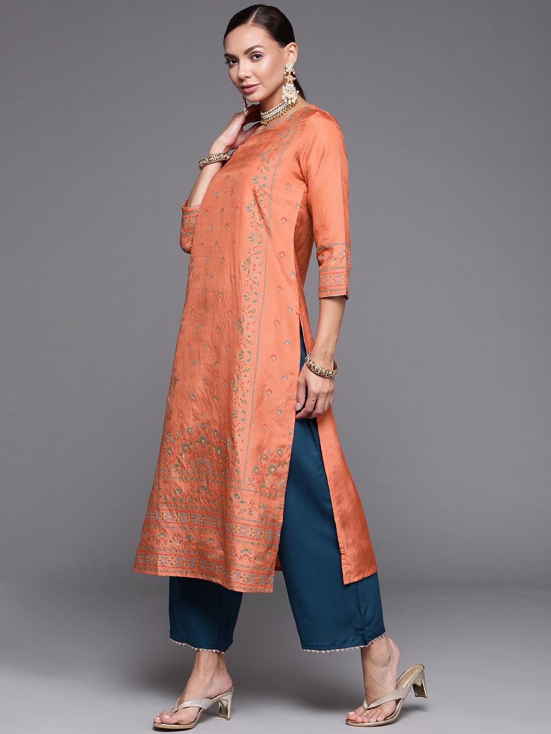 Peach Kurtas  For women,indo era, indoera, kurta set for women, women kurta set, women suit, summer wear for women, festive suit for women, mother's day outfit, dress for mother, mother's day special, kurta set for women, kurta for women, kurta trouser and dupatta