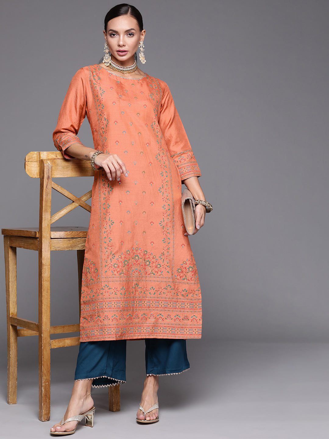 Peach Kurtas  For women,indo era, indoera, kurta set for women, women kurta set, women suit, summer wear for women, festive suit for women, mother's day outfit, dress for mother, mother's day special, kurta set for women, kurta for women, kurta trouser and dupatta