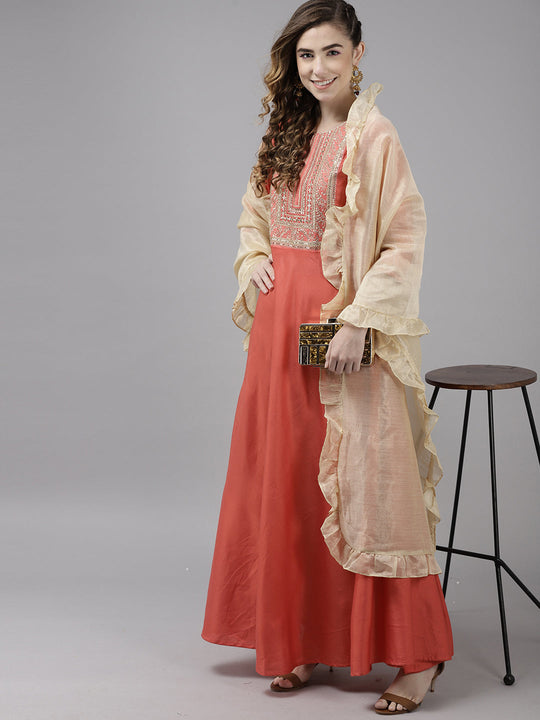 Indo Era Pink Embroidered A-line Kurta With Dupatta Set
