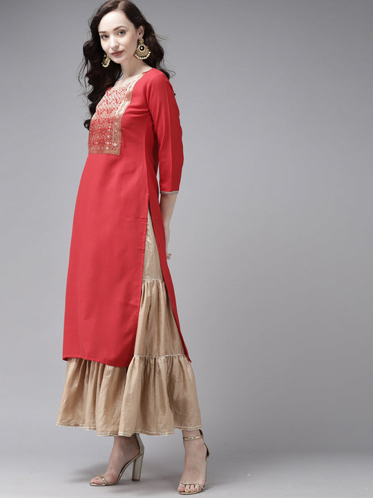 Indo Era Red Solid Straight Kurta