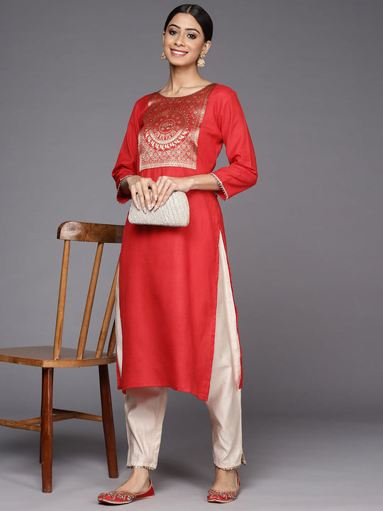 Indo Era Red Solid Straight Kurta
