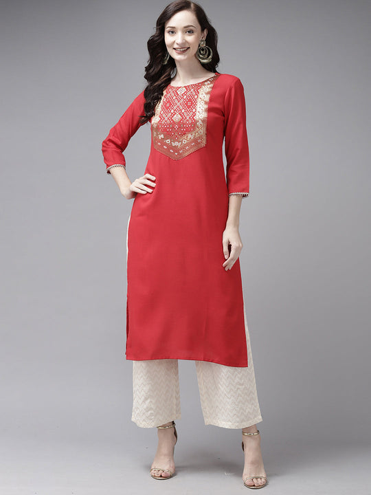 Indo Era Red Solid Straight Kurta