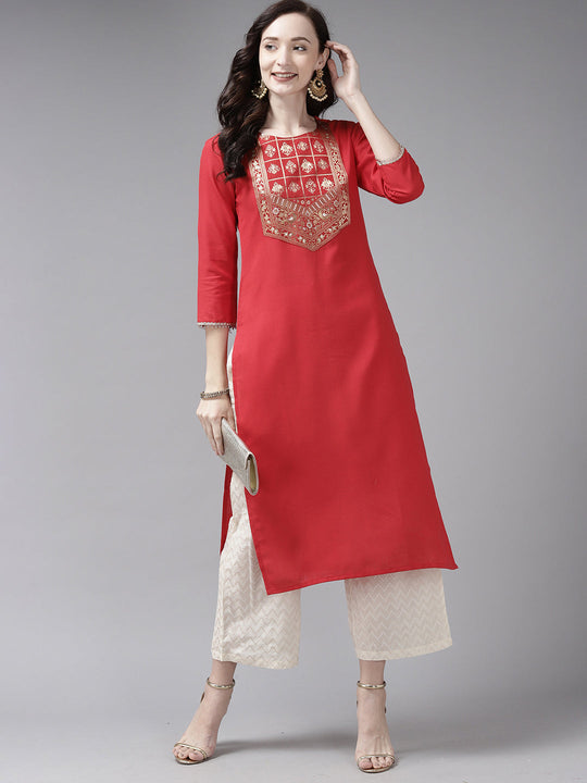Indo Era Red Solid Straight Kurta