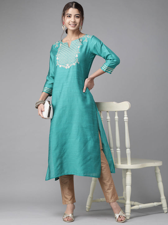 Indo Era Sea Green Embroidered Straight Kurta
