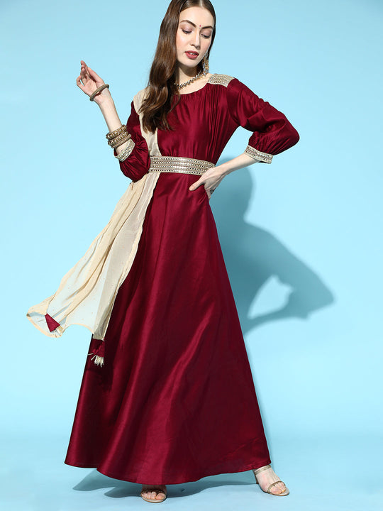Indo Era Wine Solid Anarkali With Dupatta and Belt Set