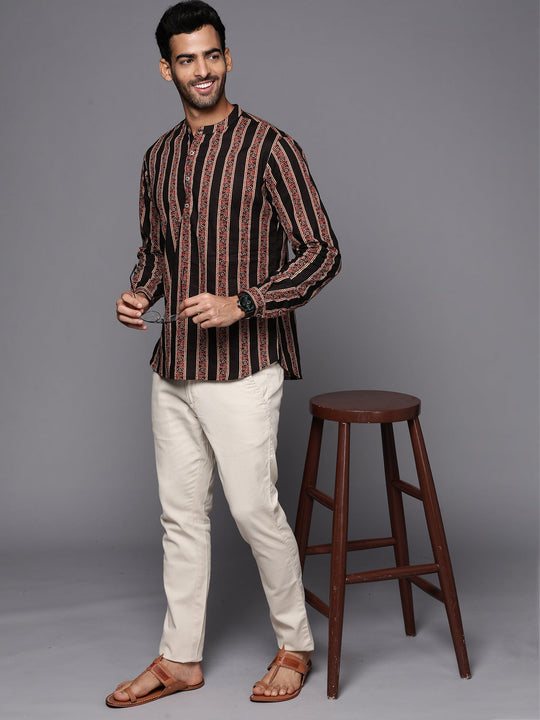 Indo Era Black Striped Cotton Straight Kurtas