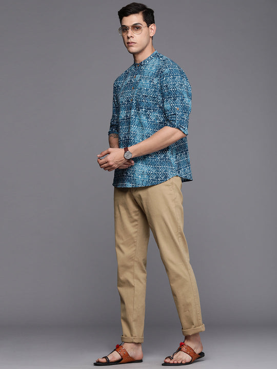 Indo Era Blue Block Print Cotton Straight Kurtas