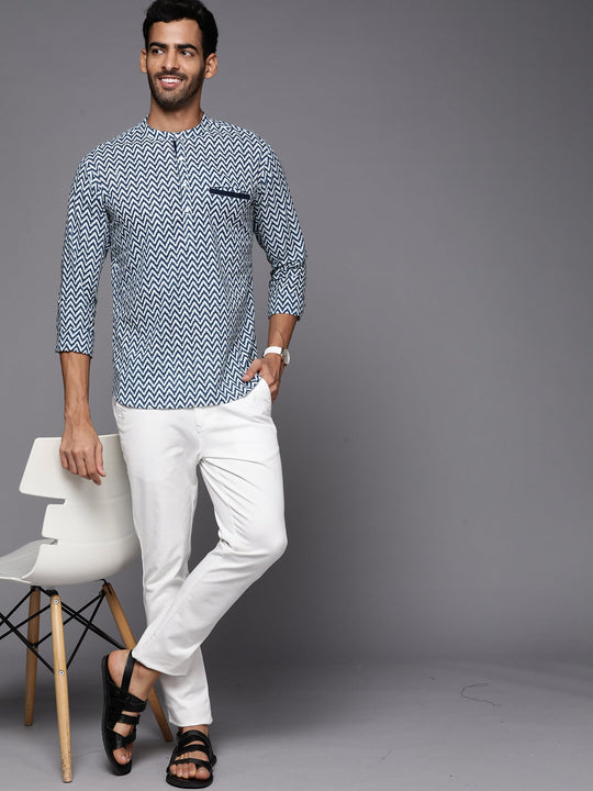 Indo Era Blue Chevron Cotton Straight Kurtas