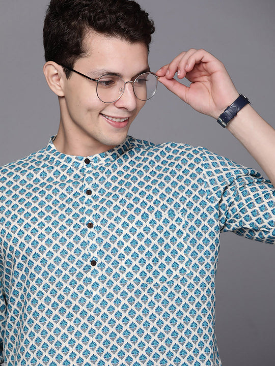 Indo Era Blue Floral Cotton Straight Kurtas