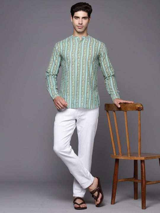 Indo Era Blue Printed Silk Blend Straight Kurtas