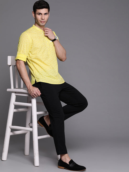 Indo Era Yellow Geometric Cotton Straight Kurtas