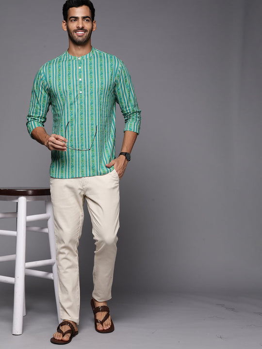 Indo Era Green Striped Cotton Straight Kurtas