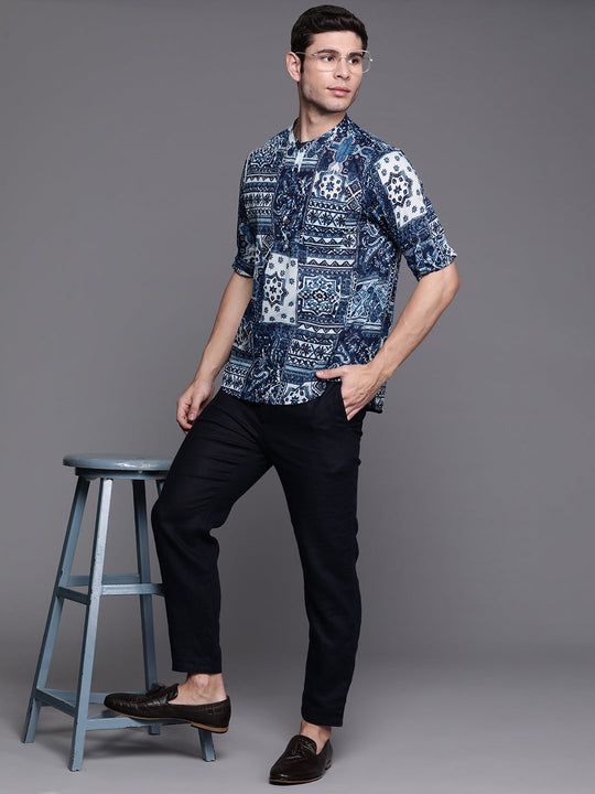 Indo Era Navy Blue Ethnic Motifs Cotton Straight Kurtas