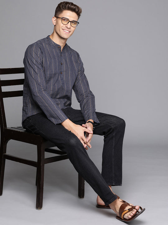 Indo Era Navy Blue Herringbone Cotton Straight Kurtas