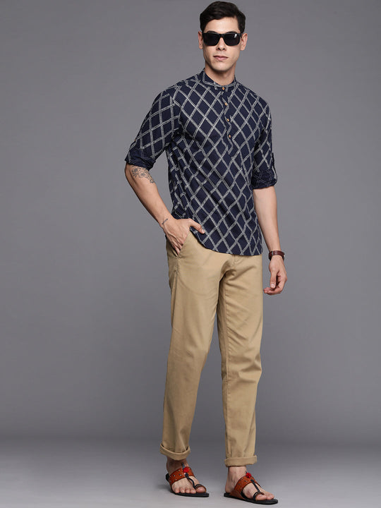 Indo Era Navy Blue Checked Cotton Straight Kurtas