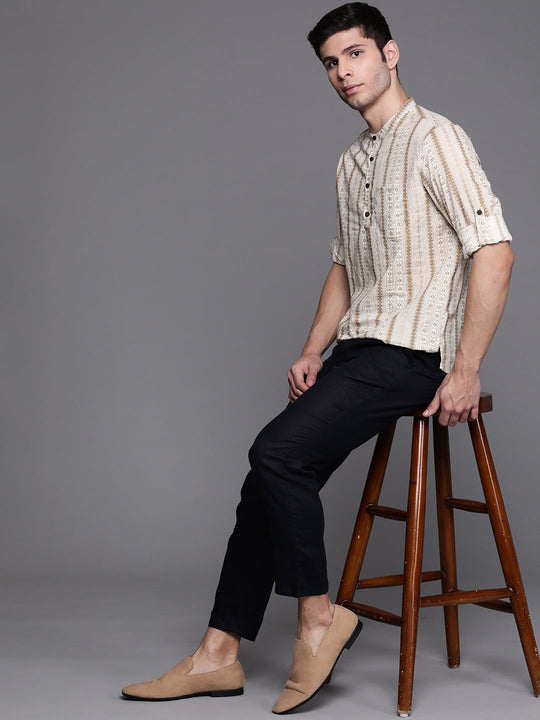 Indo Era Off White Multi Stripes Cotton Straight Kurtas