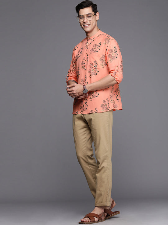 Indo Era Peach Floral Cotton Straight Kurtas