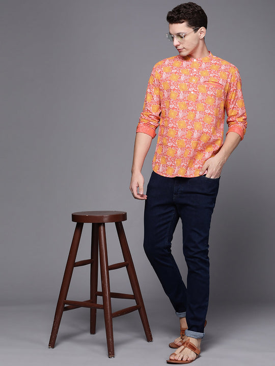 Indo Era Pink Block Print Cotton Straight Kurtas