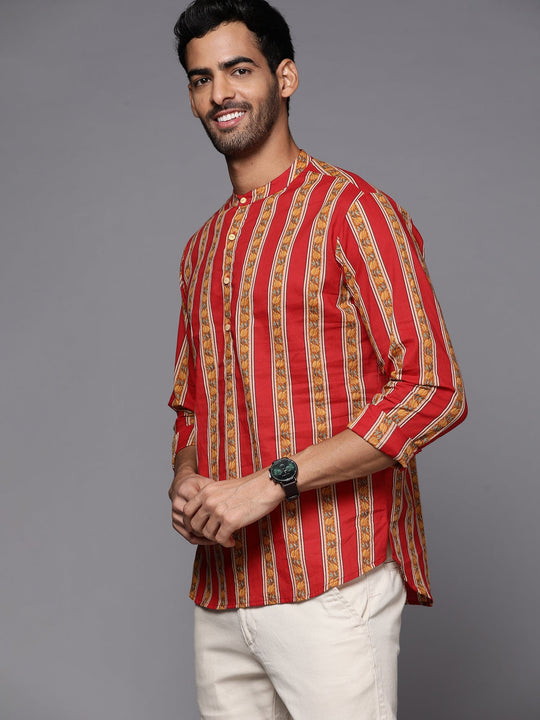 Indo Era Red Striped Cotton Straight Kurtas
