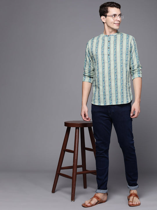 Indo Era Sea Green Striped Cotton Straight Kurtas