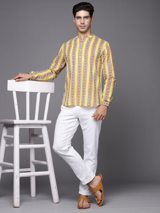 Indo Era Yellow Printed Cotton Straight Kurtas