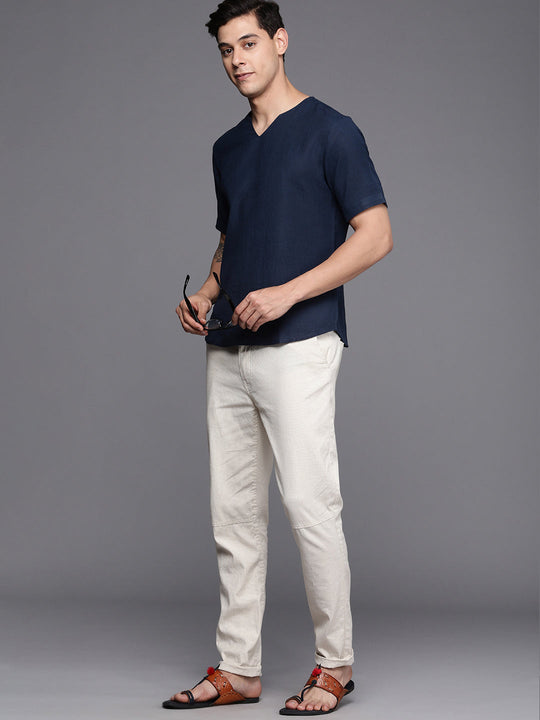 Indo Era Navy Blue Plain Cotton Blend Straight Kurtas