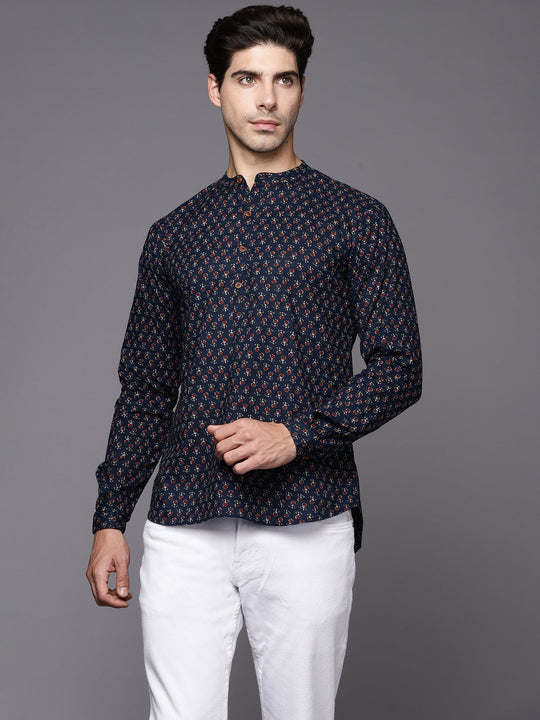 Indo Era Navy Blue Ethnic Motifs Cotton Straight Kurtas