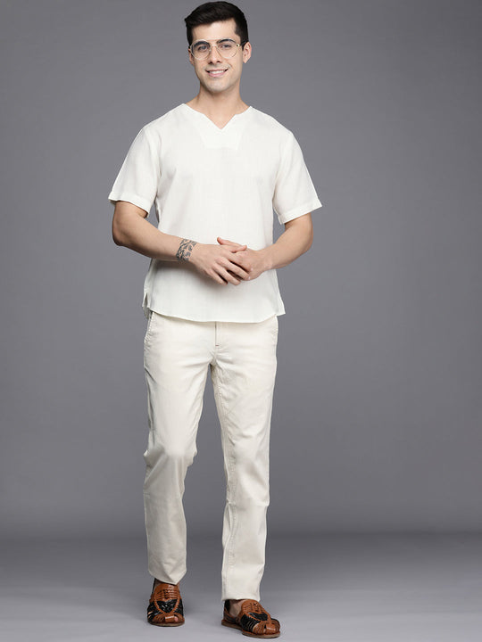 Indo Era White Plain Cotton Blend Straight Kurtas