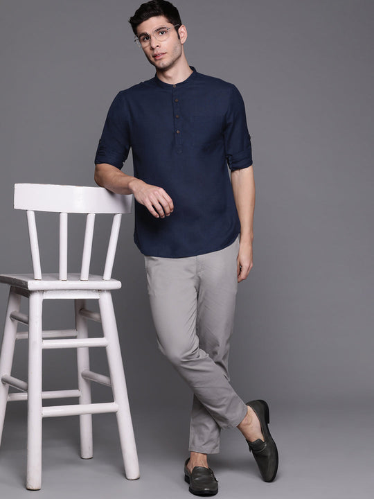 Indo Era Navy Blue Solid Cotton Straight Kurtas