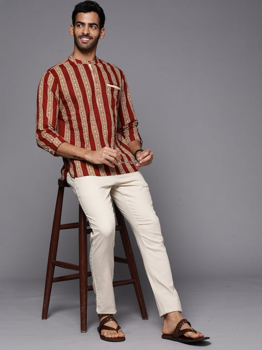 Indo Era Maroon Striped Cotton Straight Kurtas