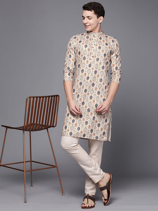 Indo Era Beige Ethnic Motifs Cotton Straight Kurtas