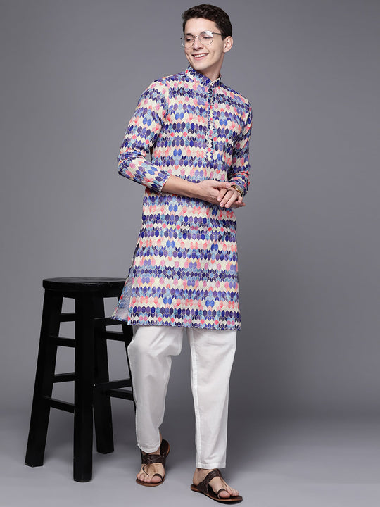 Indo Era Blue Ethnic Motifs Cotton Straight Kurtas